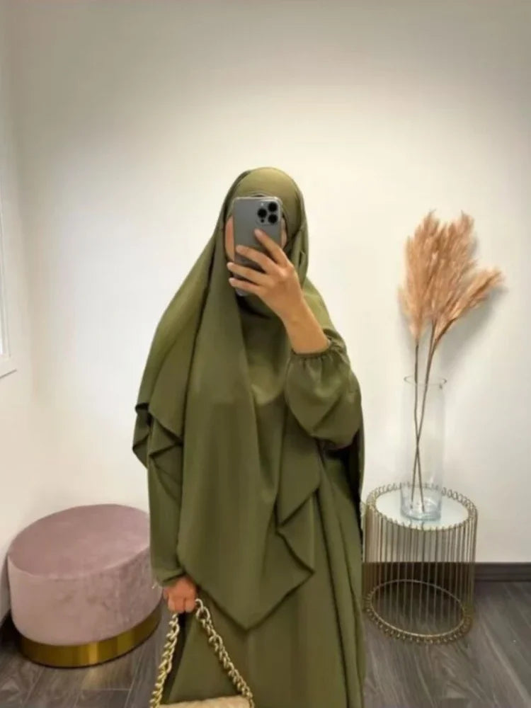 Eidมุสลิมผู้หญิงยาวKhimar 2 ชิ้นชุดAbayaชุดสวดมนต์เสื้อผ้าHijabเต็มรูปแบบอิสลามRamadan Kaftan Djellaba 2023